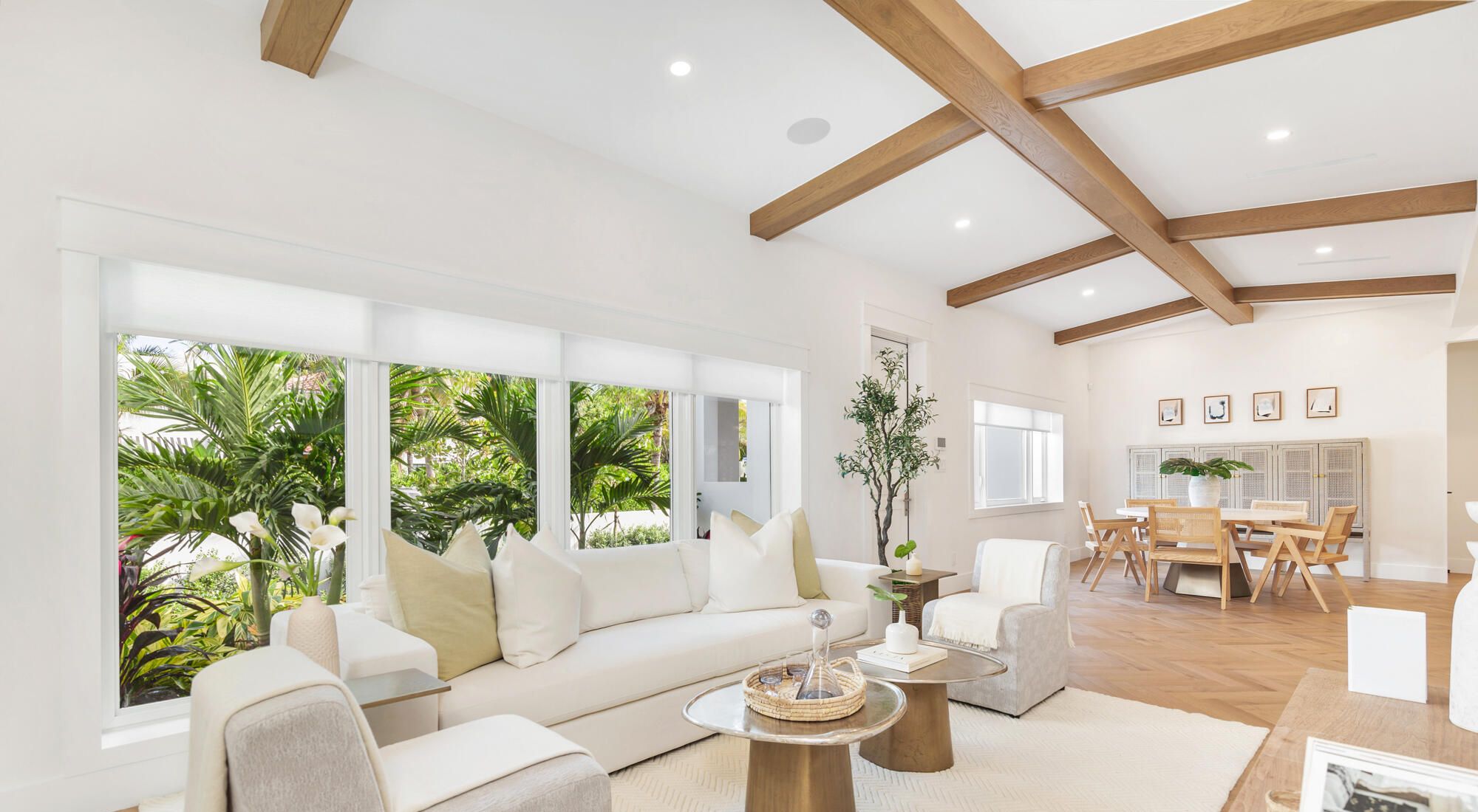Stained wood beams crossing the living room ceiling, West Palm Beach