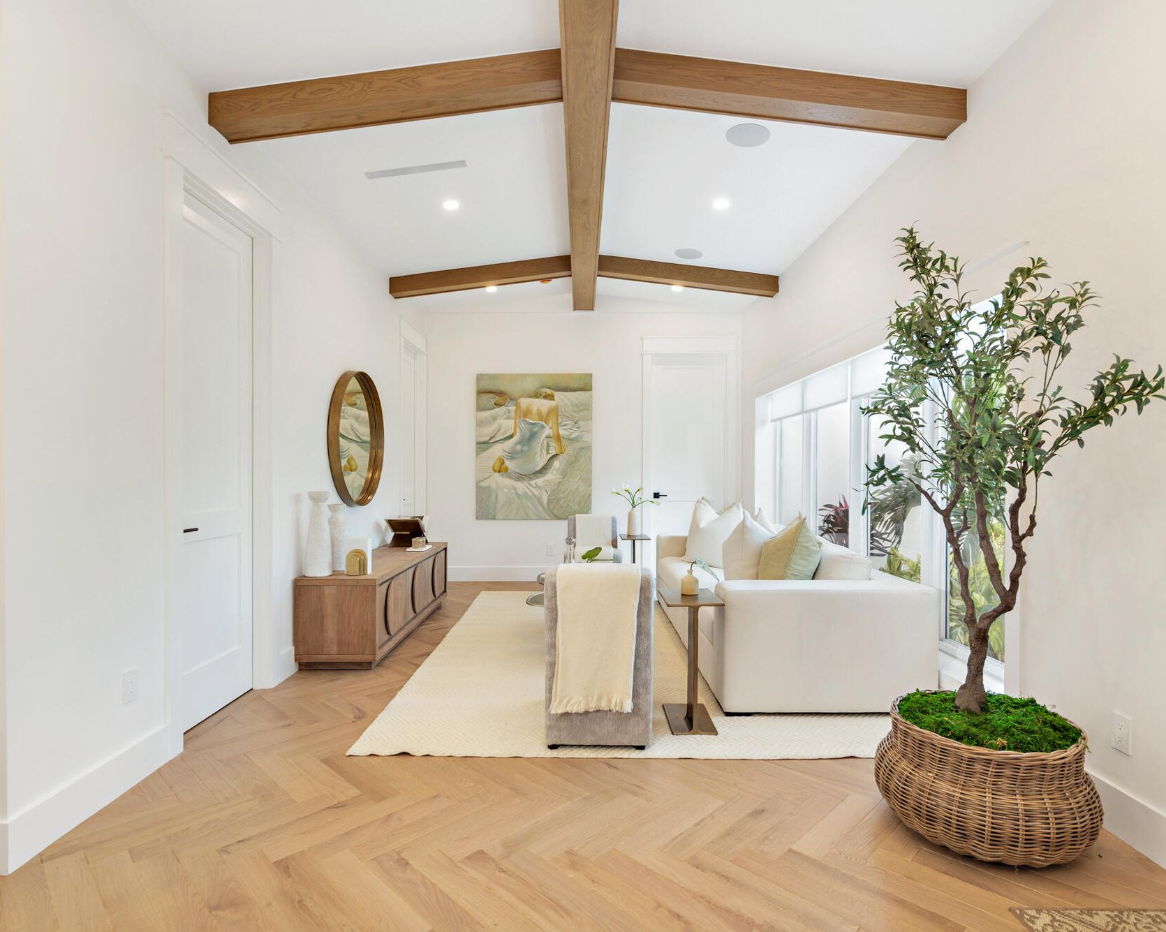Stained wood ceiling beams crossing a white vaulted ceiling, West Palm Beach